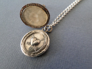Antique wax seal pendant, Lovestruck heart.  True love gift. Cupid&#39;s arrows and heart pendant.