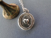 Load image into Gallery viewer, Antique wax seal pendant, Lovestruck heart.  True love gift. Cupid&#39;s arrows and heart pendant.