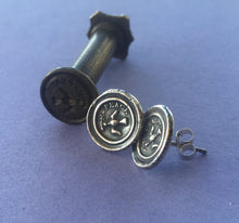Load image into Gallery viewer, Peace earrings..... Dove earrings , bird of peace, olive branch, sterling silver studs. , inspirational antique wax seal earrings.