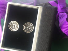 Load image into Gallery viewer, Peace earrings..... Dove earrings , bird of peace, olive branch, sterling silver studs. , inspirational antique wax seal earrings.