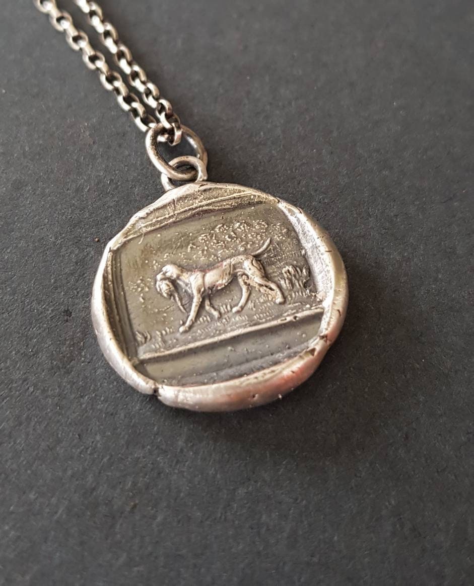 dog pendant, victorian hunting dog scene. Antique wax seal jewelry. handmade sterling pendant. man's best friend.