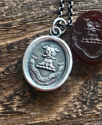 By the Strength Of God, antique wax seal impression, sterling silver, religious, faith, panther, silver necklace, latin, handmade jewellery