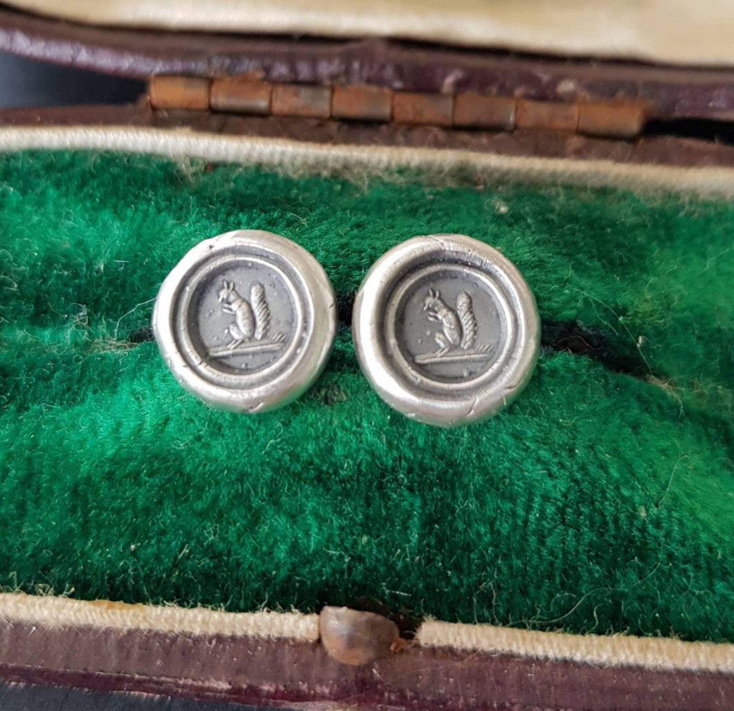 Tiny Sterling Silver, Wax seal impression, antique squirrel stud earrings.