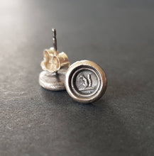 Load image into Gallery viewer, Tiny Sterling Silver, Wax seal impression, antique squirrel stud earrings.