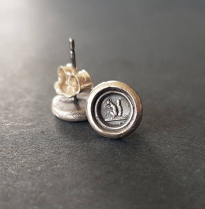 Tiny Sterling Silver, Wax seal impression, antique squirrel stud earrings.