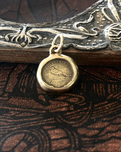 God Feeds the Ravens…. Solid 9k yellow gold antique wax letter seal. Religious pendant featuring a crow or raven