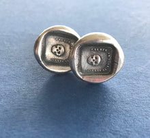 Load image into Gallery viewer, Mortality cufflinks, skull, &#39;as you are so once was I&#39; sterling silver cufflinks. swalk, antique wax letter seal impression