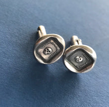 Load image into Gallery viewer, Mortality cufflinks, skull, &#39;as you are so once was I&#39; sterling silver cufflinks. swalk, antique wax letter seal impression