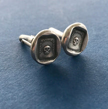 Load image into Gallery viewer, Mortality cufflinks, skull, &#39;as you are so once was I&#39; sterling silver cufflinks. swalk, antique wax letter seal impression
