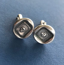 Load image into Gallery viewer, Mortality cufflinks, skull, &#39;as you are so once was I&#39; sterling silver cufflinks. swalk, antique wax letter seal impression