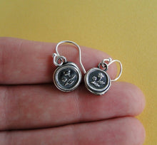 Load image into Gallery viewer, Forget me not flower, wax seal, sterling silver, dangle earrings.