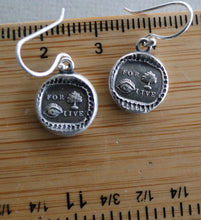 Load image into Gallery viewer, For you I live Earrings. antique wax seal dangle earrings.  Sterling Silver, love  token Earrings.