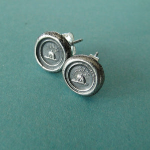 Tiny Sterling Silver earrings, small stud earrings, Wax seal impression, antique &#39;Beehive&#39; industry and diligence&#39;