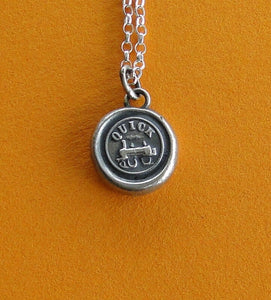 Train pendant,  Antique wax letter seal, Sterling silver handmade pendant. motto necklace with &#39;quick&#39;.