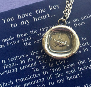 You have the key to my heart, French antique wax letter seal impression in sterling silver
