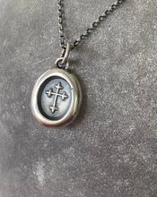 Load image into Gallery viewer, Christian Budded Cross.  Father, Son, Holy Spirit.  Holy Trinity cross.  Sterling silver antique wax letter seal impression.