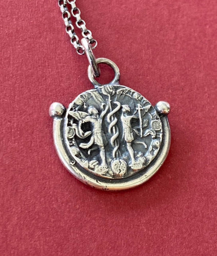 Gemini handmade sterling silver pendant. Zodiac sign coin necklace.