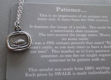 Load image into Gallery viewer, Patience….. hurry no mans cattle….. antique wax letter seal pendant, sterling.