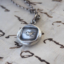 Load image into Gallery viewer, Eagle pendant, fearless eagle soaring. Antique wax seal pendant. Sterling without fear motto. brave like an eagle