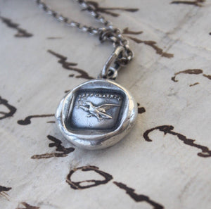 Eagle pendant, fearless eagle soaring. Antique wax seal pendant. Sterling without fear motto. brave like an eagle