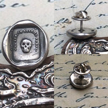 Load image into Gallery viewer, skull tie tack - sterling skull wax seal pin - &#39;as you are so once was I&#39;. memento mori.  antique wax letter seal.