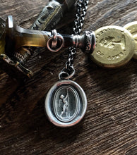 Load image into Gallery viewer, cupid pendant..... love enflamed, cupid lighting a torch. Antique wax letter seal. sterling falling in love pendant.