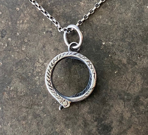 Sterling silver snake charm holder.  Ouroboros meaningful amulet holder.  Victorian fob amulet holder.