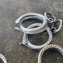 Load image into Gallery viewer, Sterling silver snake charm holder.  Ouroboros meaningful amulet holder.  Victorian fob amulet holder.