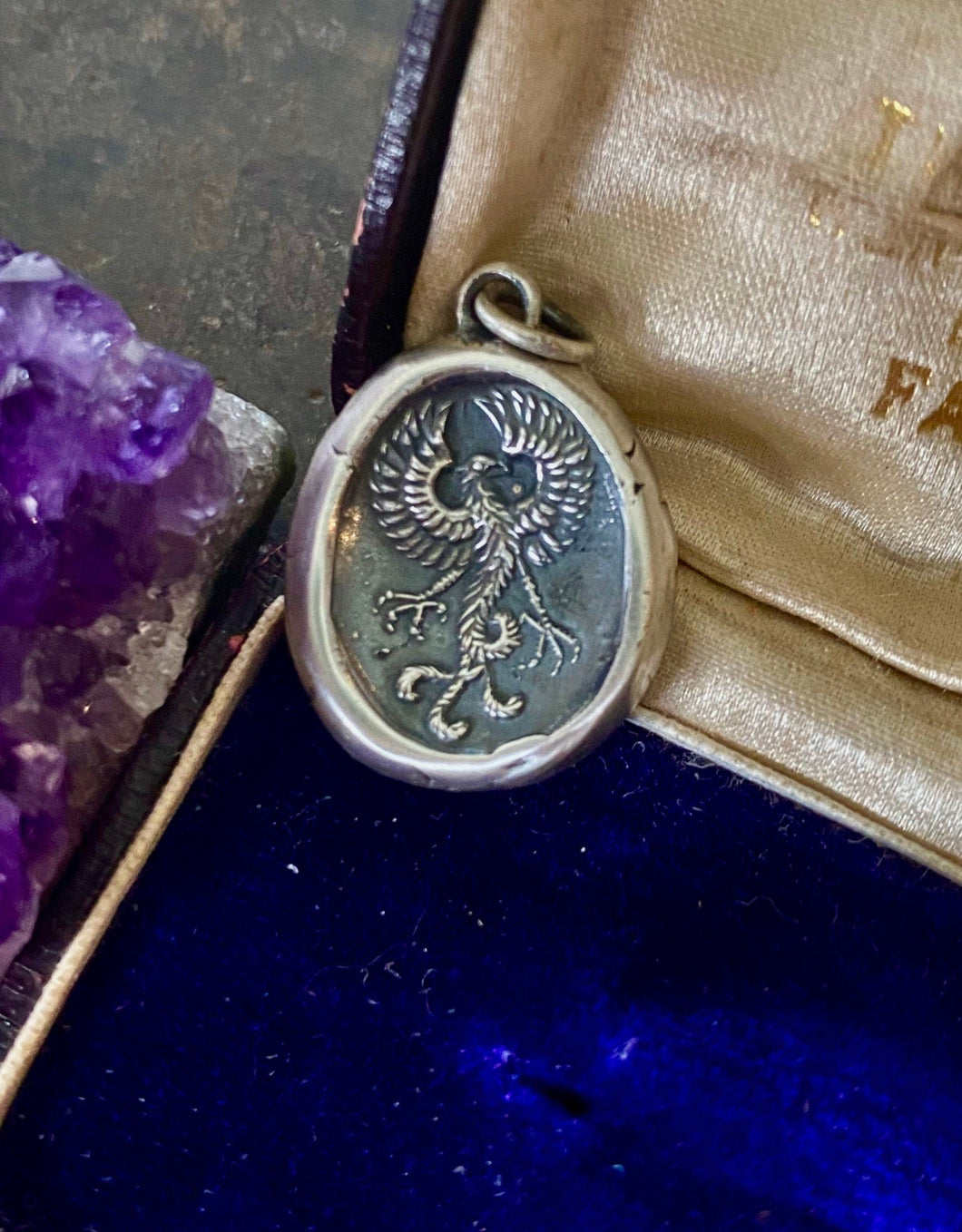 Phoenix rising wax seal amulet.  Sterling silver impression of a wax seal.