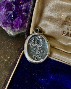 Phoenix rising wax seal amulet.  Sterling silver impression of a wax seal.
