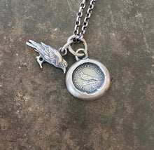 Load image into Gallery viewer, Tiny raven and God Feeds the Ravens combo…. sterling silver antique wax letter seal and 3D double sided raven charm. Religious pendant.