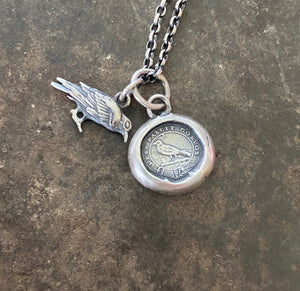 Tiny raven and God Feeds the Ravens combo…. sterling silver antique wax letter seal and 3D double sided raven charm. Religious pendant.