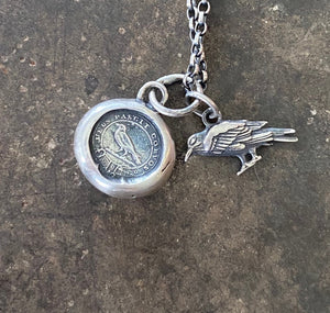 Tiny raven and God Feeds the Ravens combo…. sterling silver antique wax letter seal and 3D double sided raven charm. Religious pendant.