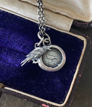 Load image into Gallery viewer, Tiny raven and God Feeds the Ravens combo…. sterling silver antique wax letter seal and 3D double sided raven charm. Religious pendant.