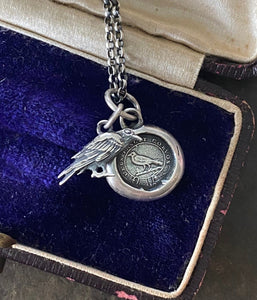 Tiny raven and God Feeds the Ravens combo…. sterling silver antique wax letter seal and 3D double sided raven charm. Religious pendant.