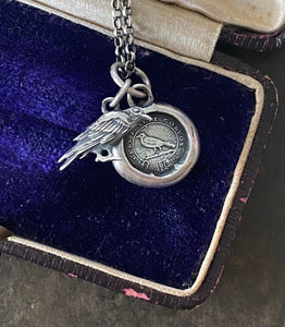 Tiny raven and God Feeds the Ravens combo…. sterling silver antique wax letter seal and 3D double sided raven charm. Religious pendant.