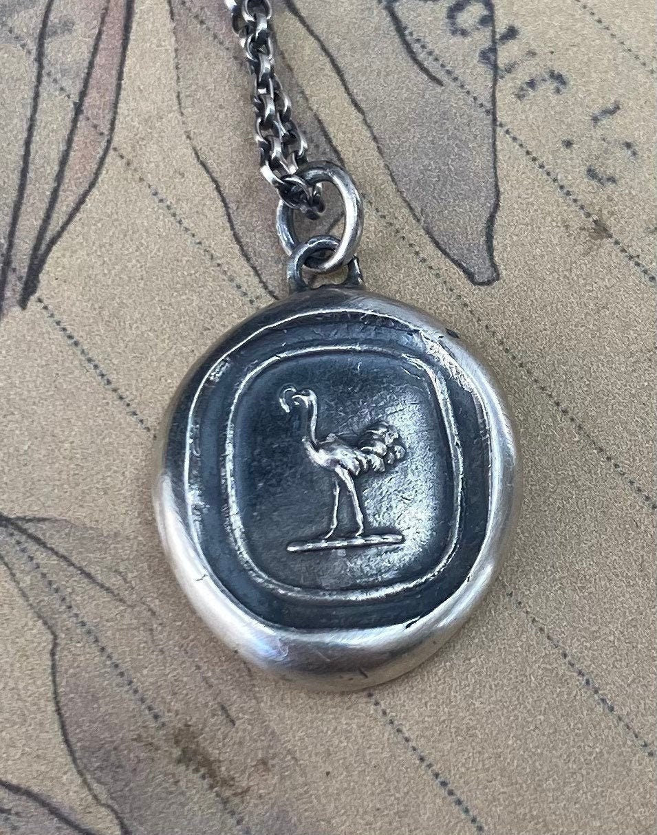 Ostrich emblem, antique wax letter seal. sterling silver 'mindfulness' pendant.