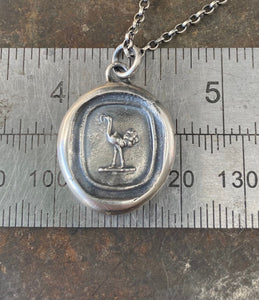Ostrich emblem, antique wax letter seal. sterling silver &#39;mindfulness&#39; pendant.