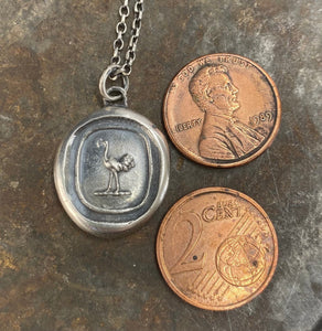 Ostrich emblem, antique wax letter seal. sterling silver &#39;mindfulness&#39; pendant.