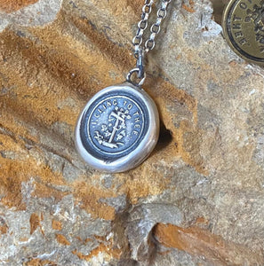 Cling to your faith.  I cling to thee, antique wax letter seal impression.  Sterling silver Christian religious pendant.