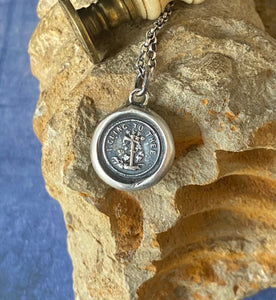 Cling to your faith.  I cling to thee, antique wax letter seal impression.  Sterling silver Christian religious pendant.