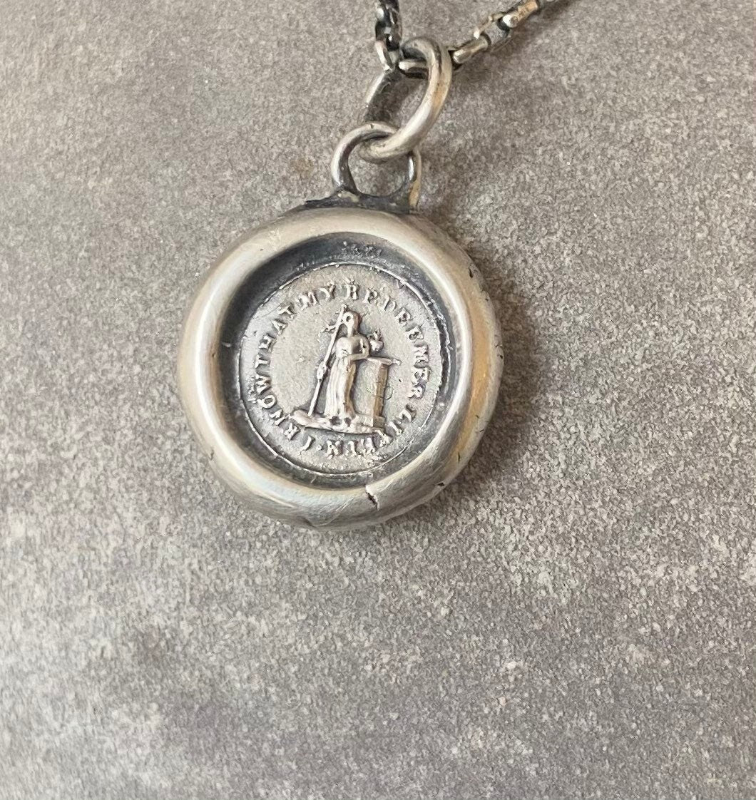 I know that my redeemer liveth, antique wax letter seal pendant.  Handel’s Messiah.  Music lovers ChristIan pendant.  Religious amulet.