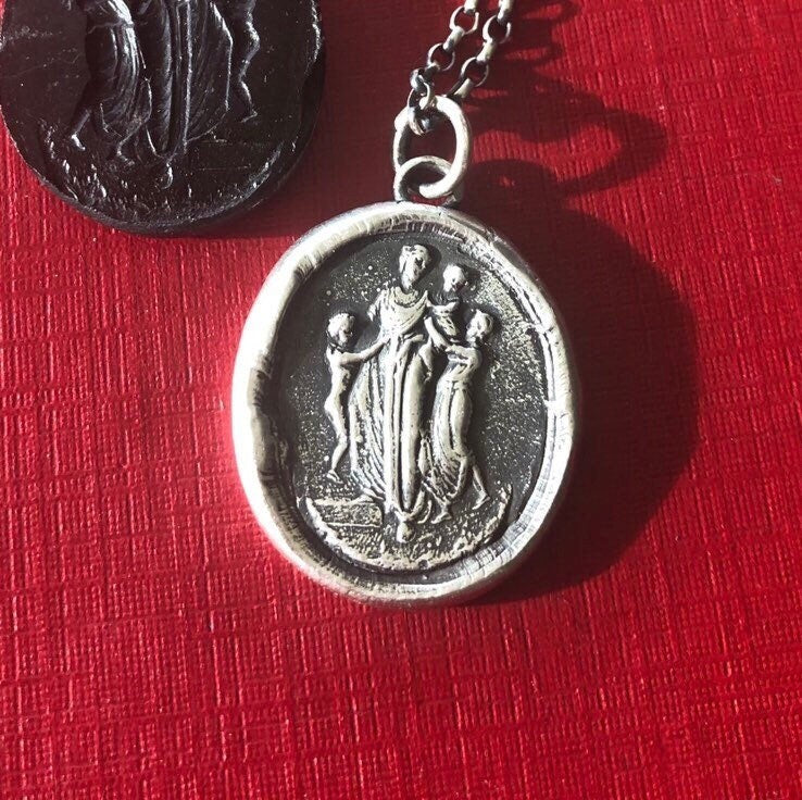 Motherhood, family.  Ideal Roman family portrait.  Antique wax letter seal pendant. Sterling wax seal impression