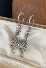 Load image into Gallery viewer, Medusa snake earrings. Sterling silver handmade drop snake earrings.