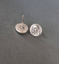 Load image into Gallery viewer, Skull and crossbones stud earrings.  Sterling memento mori statement jewelry. gothic, halloween earrings.