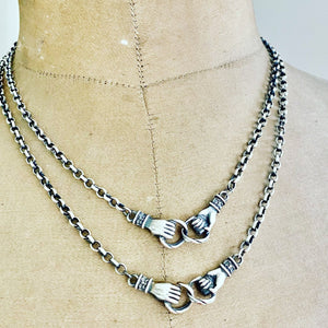 Clasped hands necklace.  Sterling silver, joined hands, 3mm sterling rolo chain in the length of your choosing