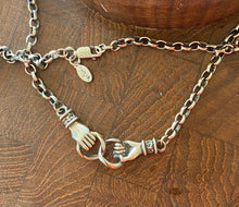 Load image into Gallery viewer, Clasped hands necklace.  Sterling silver, joined hands, 3mm sterling rolo chain in the length of your choosing