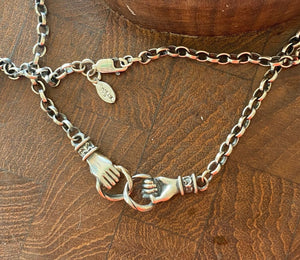 Clasped hands necklace.  Sterling silver, joined hands, 3mm sterling rolo chain in the length of your choosing