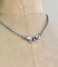 Load image into Gallery viewer, Clasped hands necklace.  Sterling silver, joined hands, 3mm sterling rolo chain in the length of your choosing