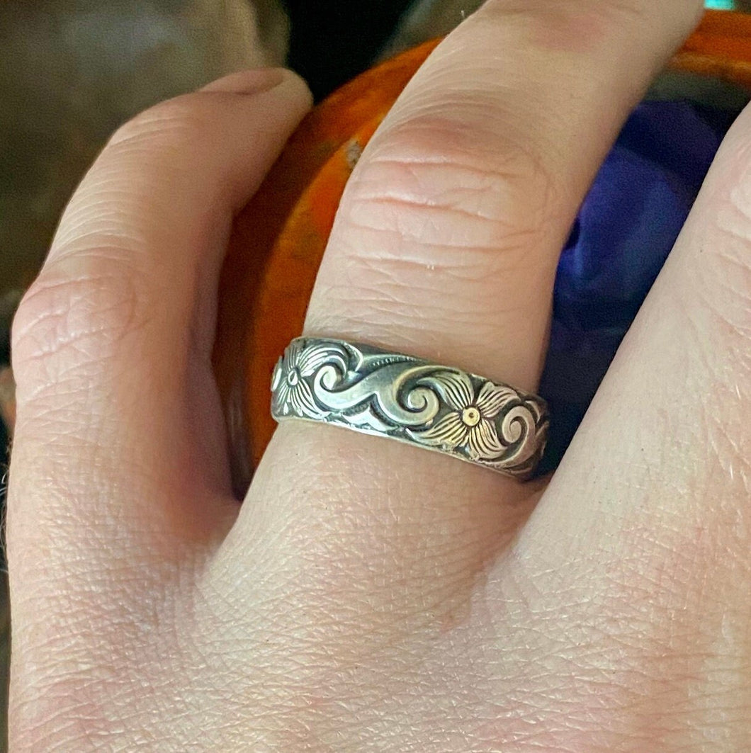 Sterling silver, Victorian inspired etched ring.  Made in your size.